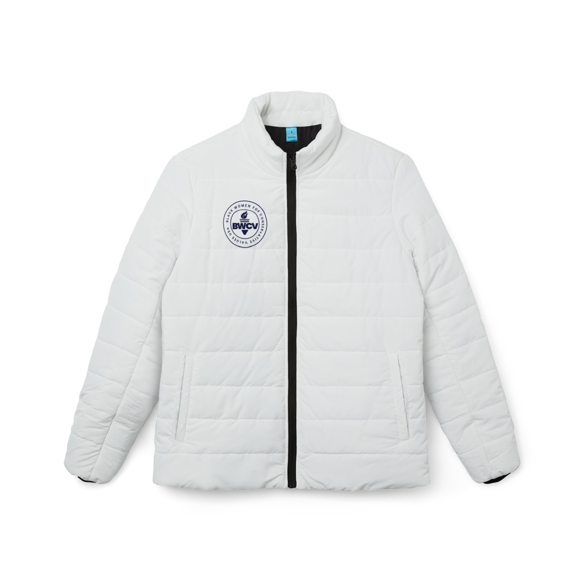 Women’s White Puffer Jacket with BWC Logo - Stylish & Warm Winter Outerwear