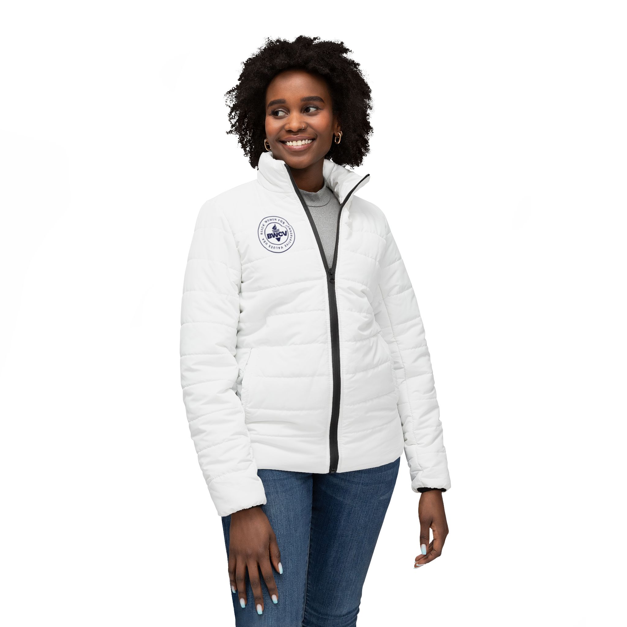 Women’s White Puffer Jacket with BWC Logo - Stylish & Warm Winter Outerwear - Image 3